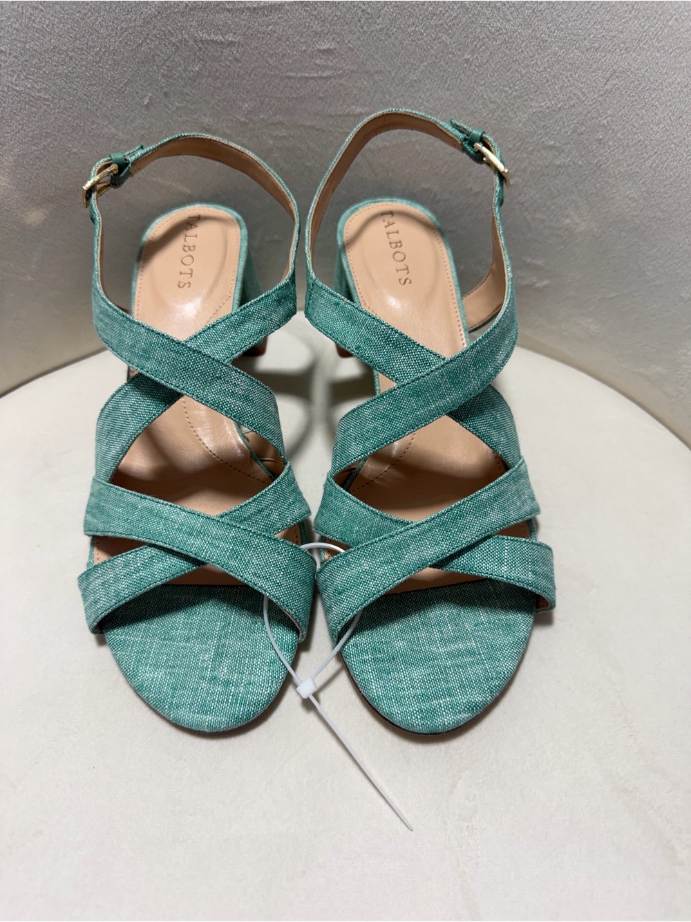 NWOT Talbots Millie Straps Washed Linen Block Heel Sandals Sage Green 9M